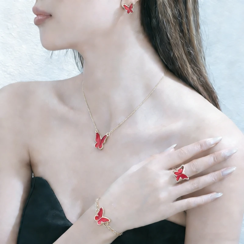 Red Enamel Butterfly Women's Jewelry Set Bohemian Elegant Party Jewelry Earrings/Rings/Necklace/Bracelet Fashion Jewelry Set