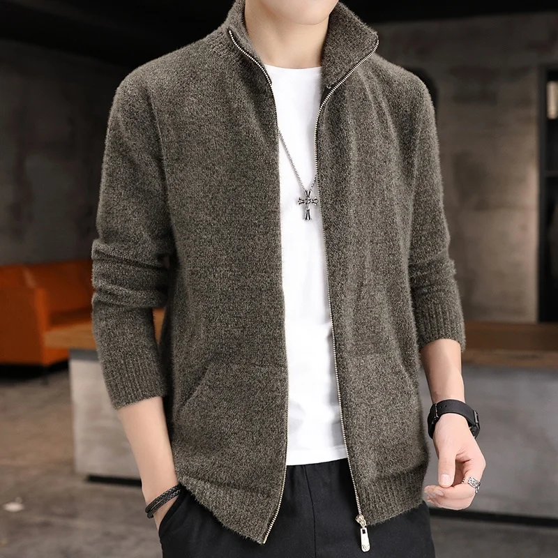 

Мужской вязаный кардиган на молнии с воротником-стойкой, повседневный, приталенный, удлиненный, весна-осень...