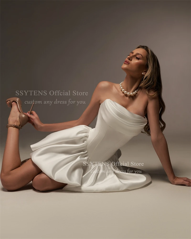 SSYTENS Vintage Satin robes de soirée de mariage sans bretelles courte une ligne ivoire à lacets dos robes Para Mujer robe de mariée personnalisée