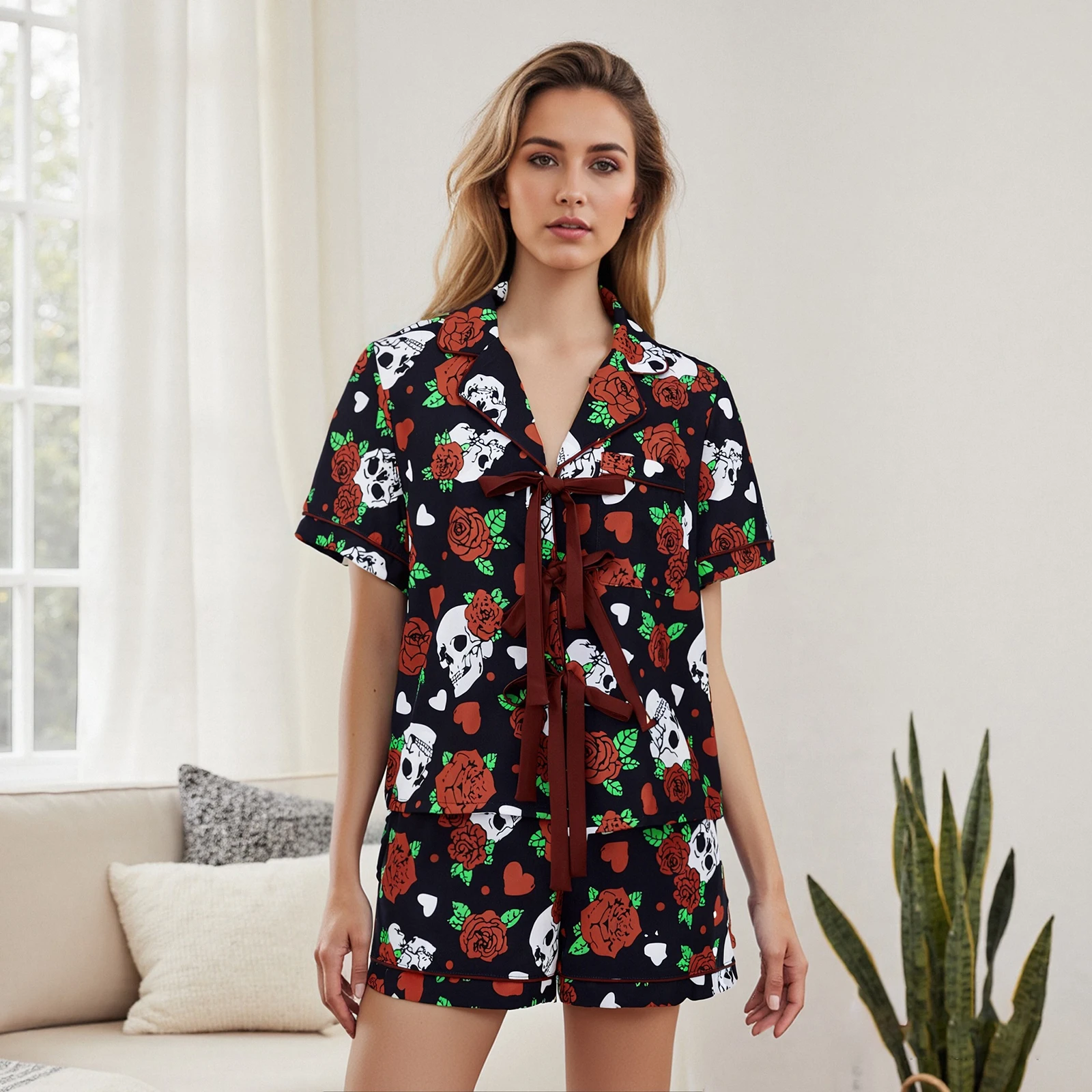 Women's Halloween Lounge Set Short Sleeve Lapel Pumpkin/Witch Hat/Bat Print Tops Shorts Sleepwear Sets
