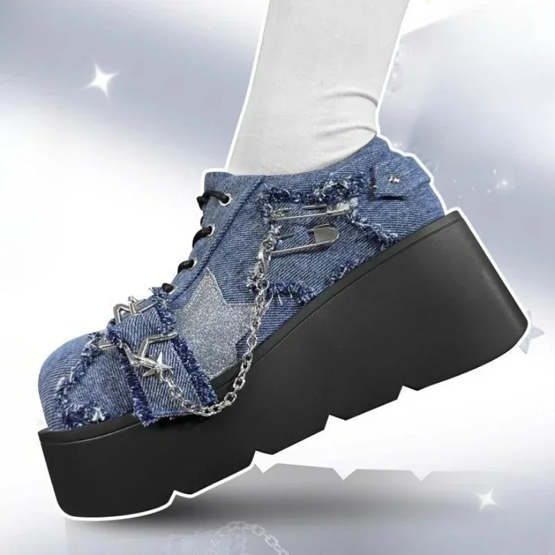 Sapatos Punk Gothic Lolita para mulheres, botas jeans azuis, design de estrelas, corrente de metal, azul, botas femininas, sapato preto Jk