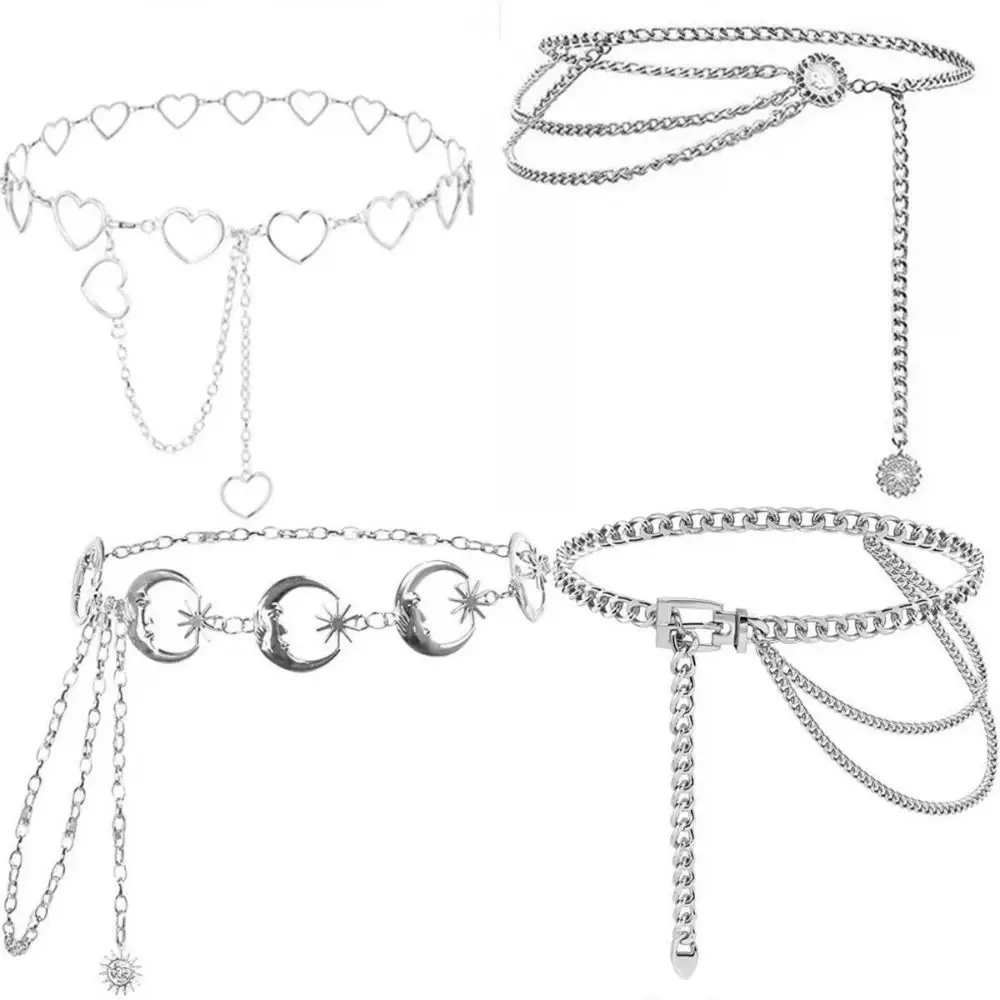 Fashion Multilayer Metal Chain Gold Silver Punk Dress Ladies Waist Chain Belt Jeans Accessory Moon Star Belt