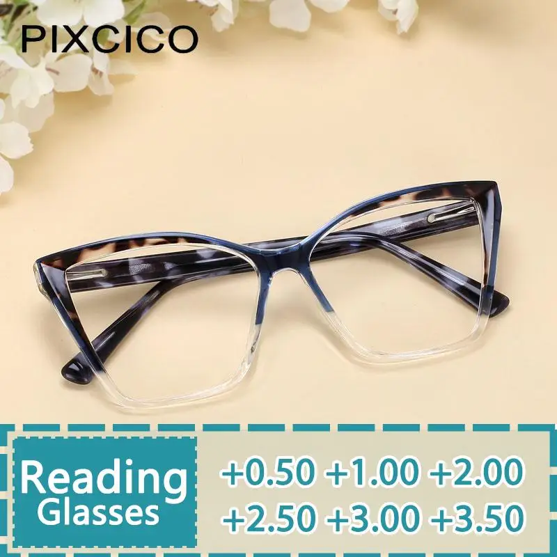 R56652 Tr90 Acetate Legs Cat Eye Reading Glasses +1.00 +2.00 +3.00 Fashion Two Color Splicing Large Size Presbyopic Eyewear