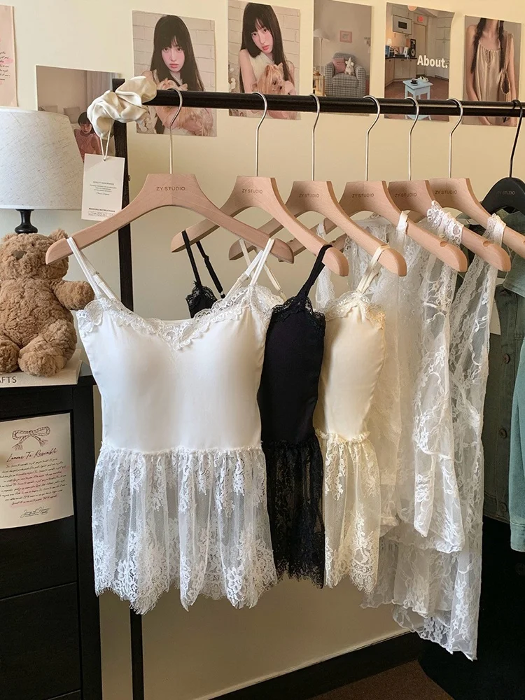 Women's Lace Camisole Tank Top Neck Hanging Style Layering Vest White Tulle under Shirt Autumn Winter Floral  Dress