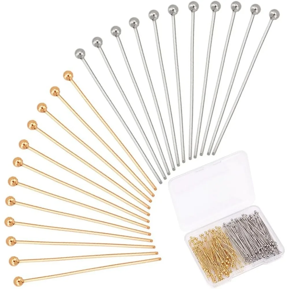 

200pcs 24k Jewelry Head Pins 30mm 35mm 304 Stainless Steel Ball Head Pins 21 Gauge Bendable Eye Pins for Earring