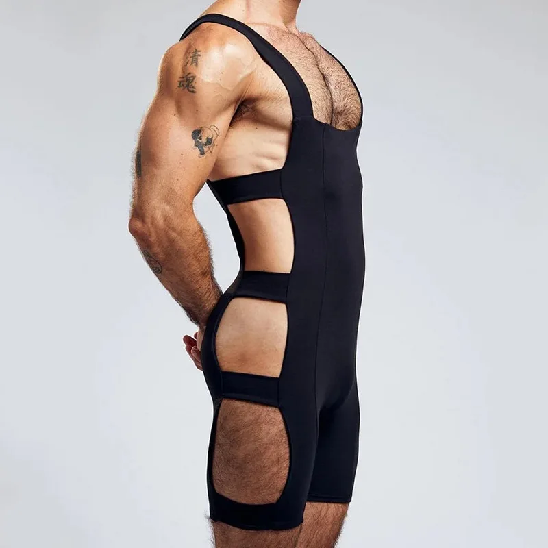 Sexy Hollow Out Slim Elastic Jumpsuits Men Summer Fashion Solid Color Shorts Bodycon Mens Nightwear Stylish Sleeveless Bodysuits