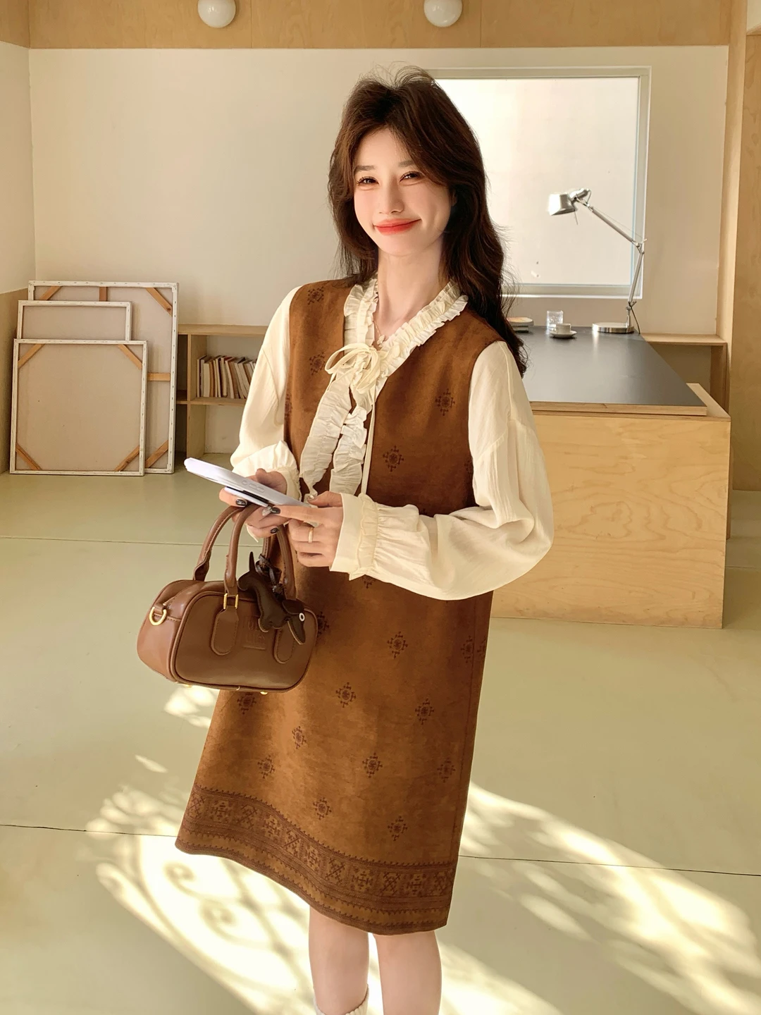 

Elegant V-neck Floral Print Vest Dress Set Women's Spring Autumn Style Shirt Collar Two-piece Set Casual Universal Fit