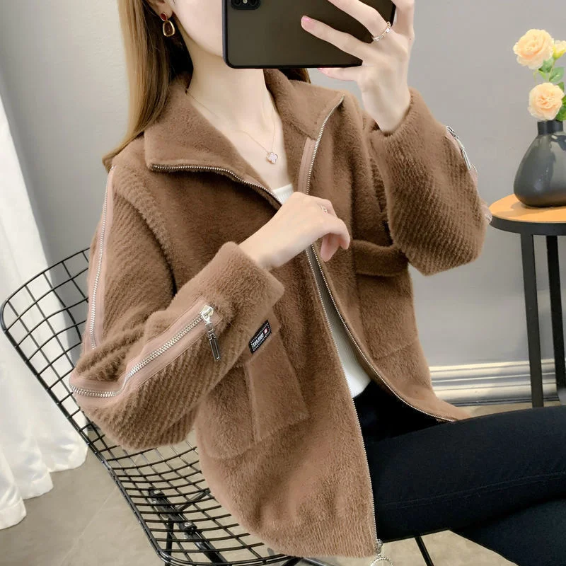 

Imitation Mink Wool Knitted Cardigan Sweater Women Coat 2022 Spring Autumn New Slim Joker Coat Female Thickened Keep Warm Jacket