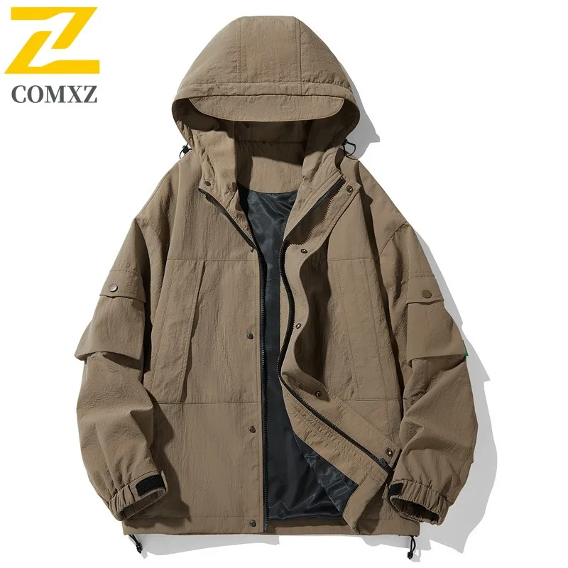 

COMXZ Unisex Jacket 2025 Solid Color Hooded Outdoor Camping Lightweight Windproof Coat Pocket Design Autumn Windbreaker Coats