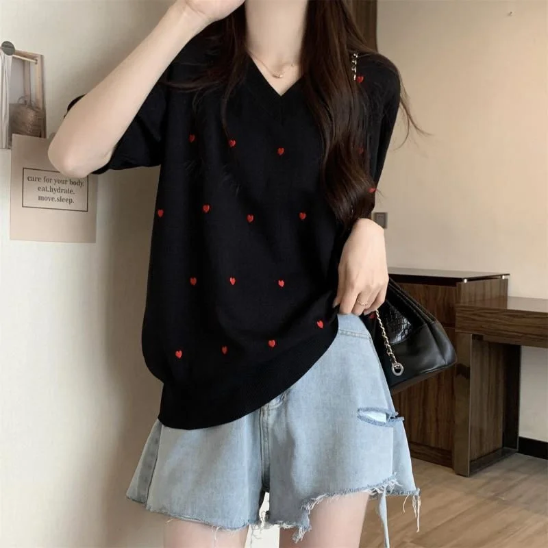 plus Size 300 Pounds Fat MM Gentle Style Age-Defying Summer Short Sleeve V-Neck Belly Covering Women's Ice Silk Knitted Shirt
