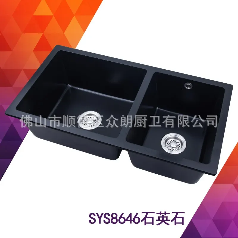 8646 Black Quartz Kitchen Sink Double Bowl Undermount Granite Stone Basin for Modern Home Countertop Installation Durable