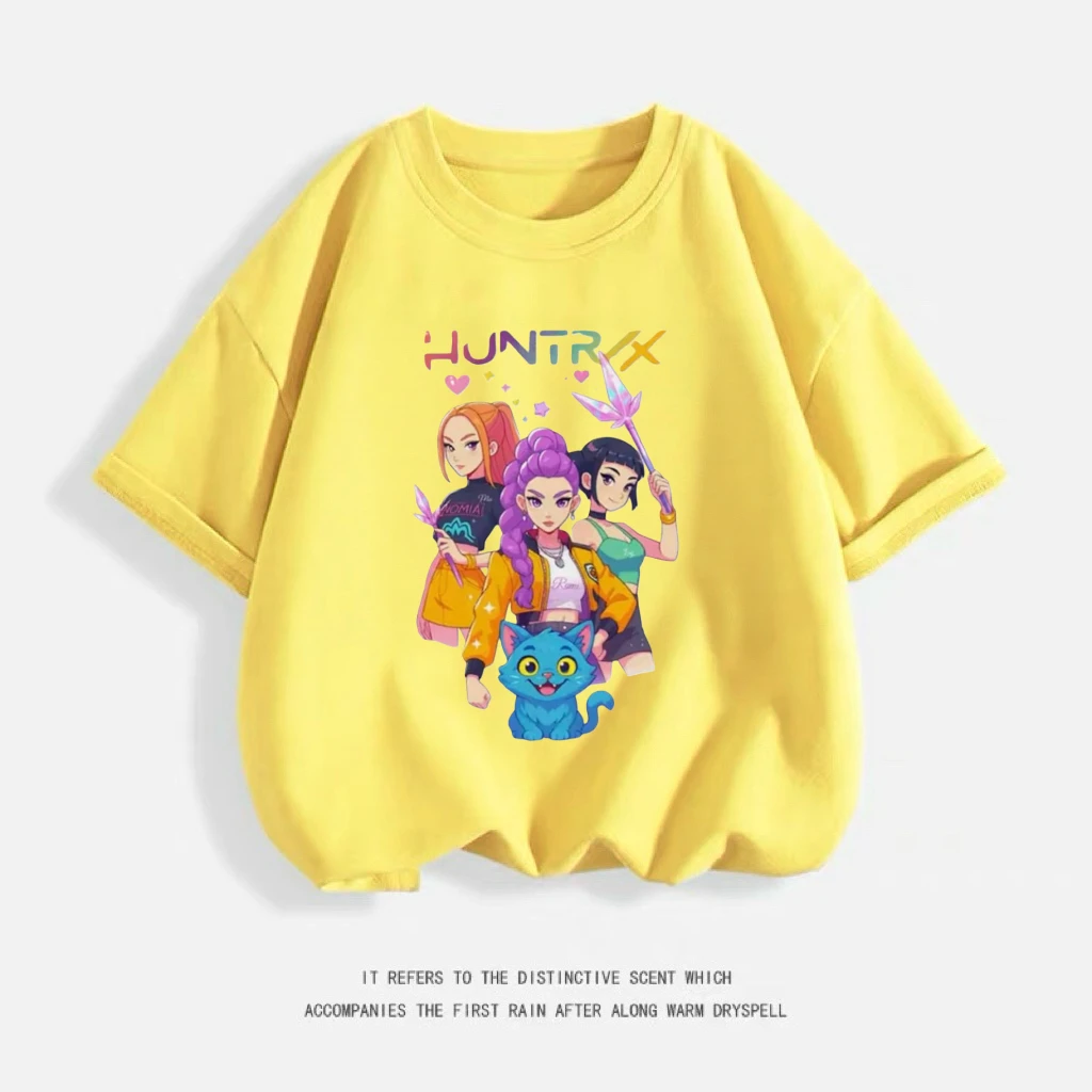 

Yellow T-shirts 1-7Age Girls Trendy Summer Clothes Demon Hunters Tees Round Neck Pullovers Baby Cartoon Printed Short Sleeve