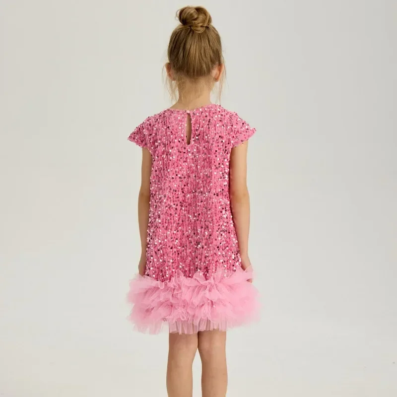 Girls Sequined Vest Party Dress Short Sleeves Children's Christmas Party Fluffy Tutu Dresses Formal Clothing New Years Costumes