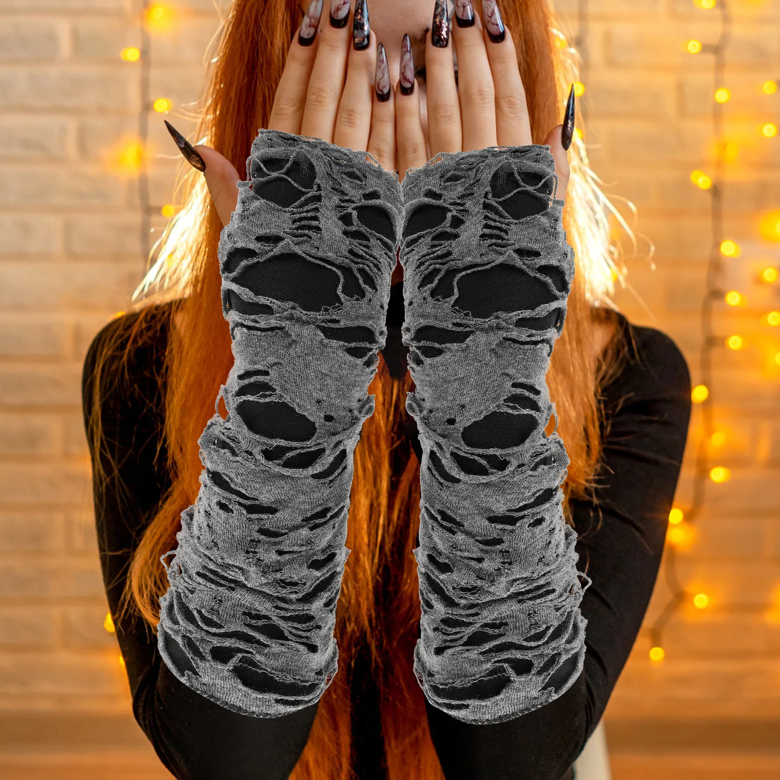 1 par de guantes Punk irregulares en negro y gris, poliéster, algodón, ajuste holgado, diseño de dedo con fugas para decoraciones para fiestas de disfraces de Halloween