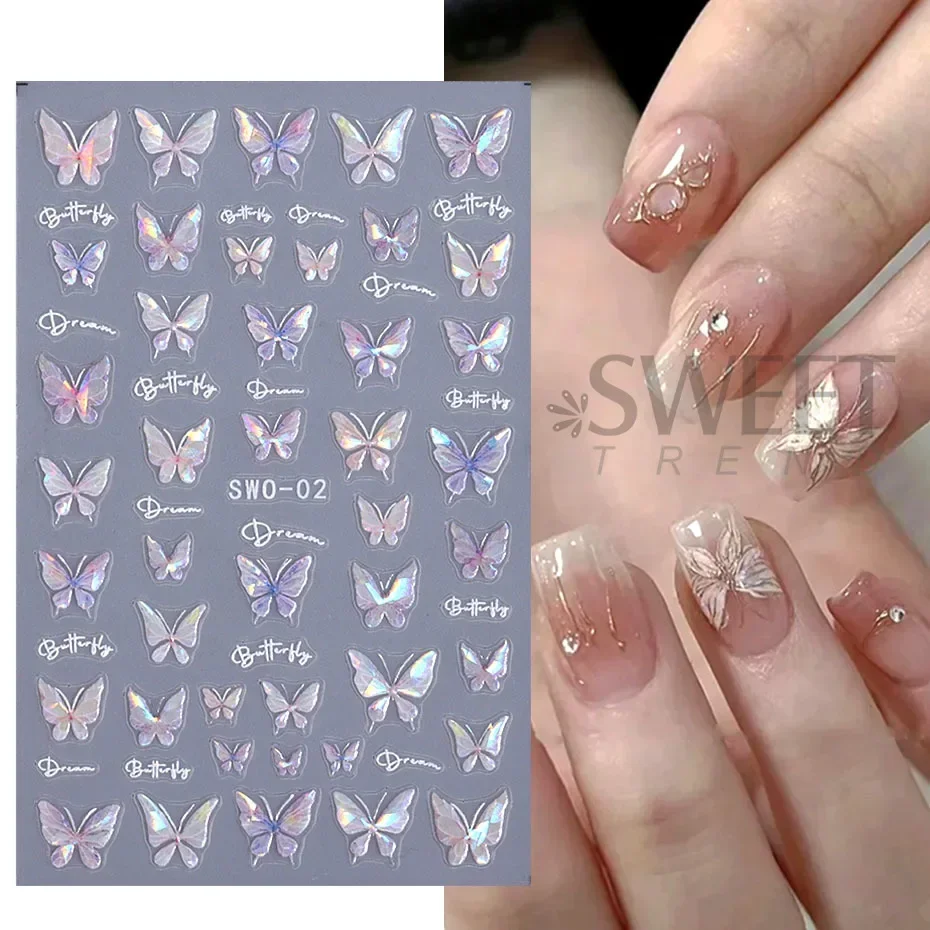 Aurora Shell Butterfly Nail Sticker Shimmer Iridescent Fairy Butterfly Tulip Adhesive Decal Textured Slider Charm Manicure Decor