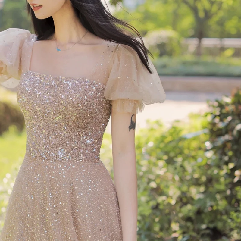 Champagne Color Maids Dr Ele High Waist Ball Gown Long Skirt Slimming ort Sve Bridesmaid Gown for Summer Wedding