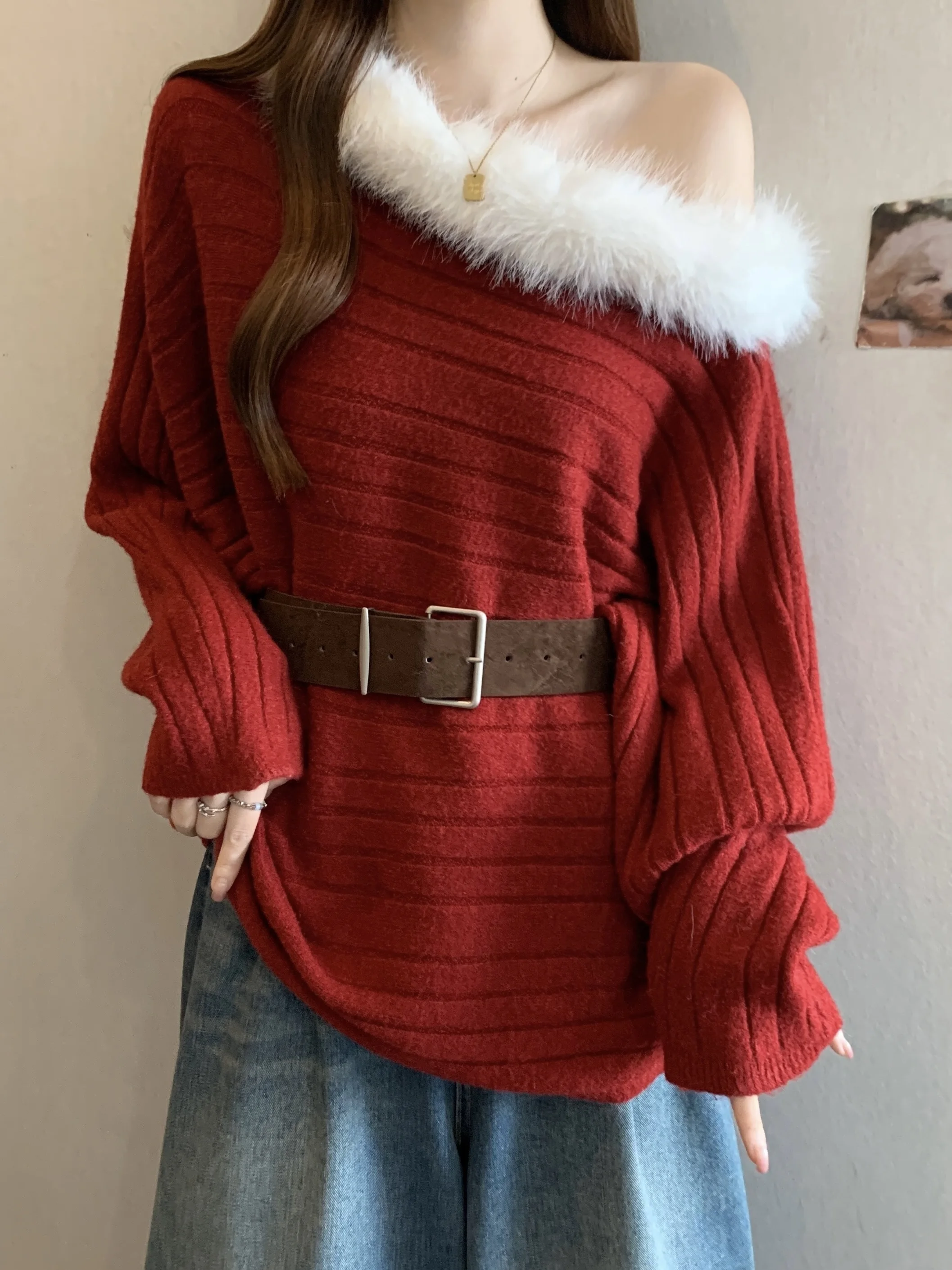 

Женский вязаный свитер оверсайз в корейском стиле с открытыми плечами, осенне-зимний, свободного кроя, красный