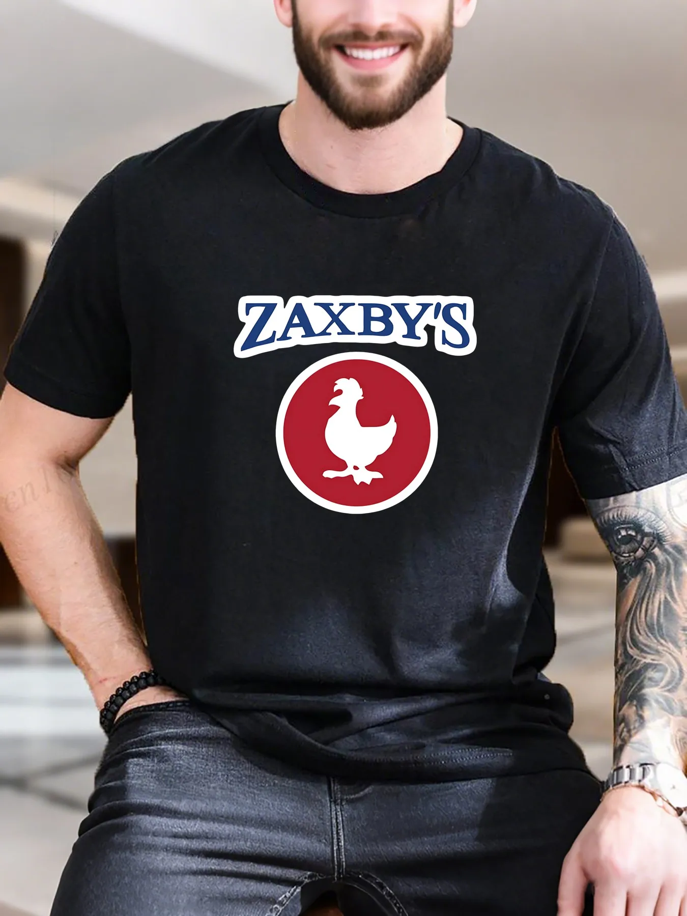 

New Arrival Fashion Men's Printed T-Shirt Soft Cotton Crewneck Tee with Stylish Red Circle Chicken Logo Casual Comfort Fit Trendy