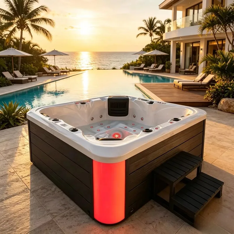 Outdoor 5 Person Whirlpool Hot Tub Freestanding Square Acrylic Massage JaKuzzier With LED Light Air Jet System For Villa Hotel
