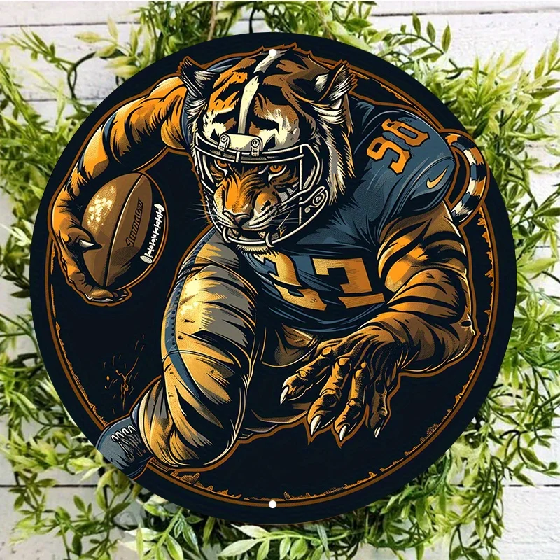 Waterproof Tiger Football Metal Wall Art, Round Aluminum Decor Sign with Pre-Drilled Weather-Resistant Sports Themed Door Hanger