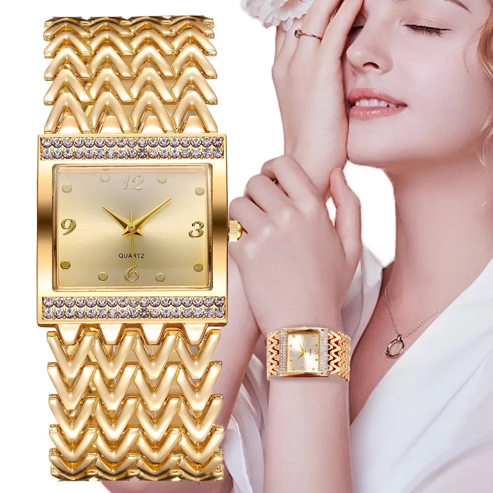 Reloj de pulsera Golds de lujo para mujer, relojes de pulsera de cuarzo de banda ancha huecos cuadrados simples a la moda, reloj de acero inoxidable para mujer