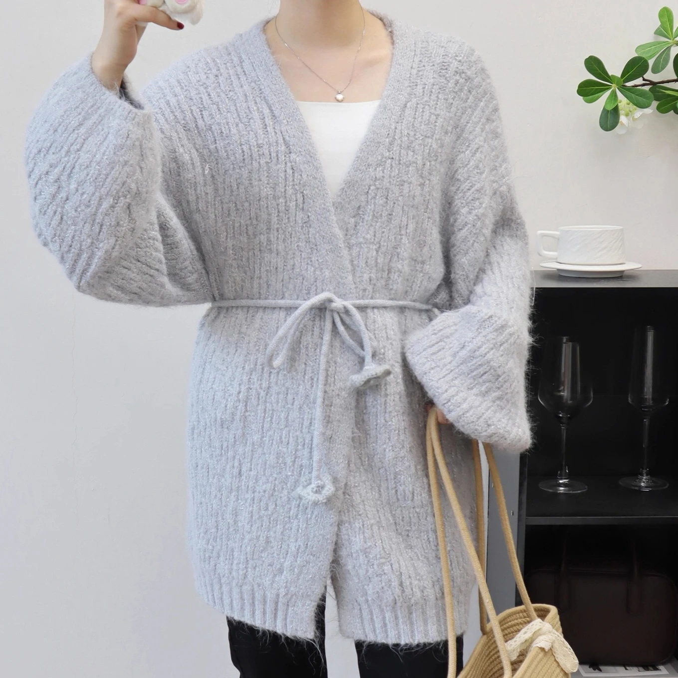 

Women Knitted Cardigan Jumpers Lace Up Sweaters Mid Length Solid Long Sleeves Loose Open Stitch Casual Office Lady 2025 Autumn