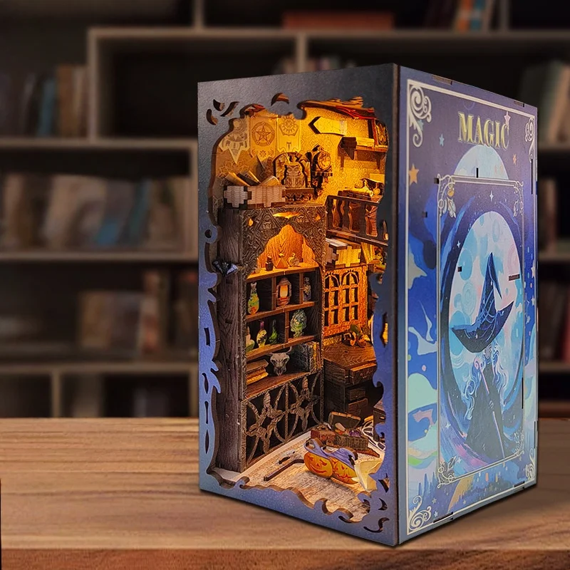 OUZEY Mystical Library Bookend DIY, 3D Wooden Spell School with Auto-Light, Creative Study Model for Teens