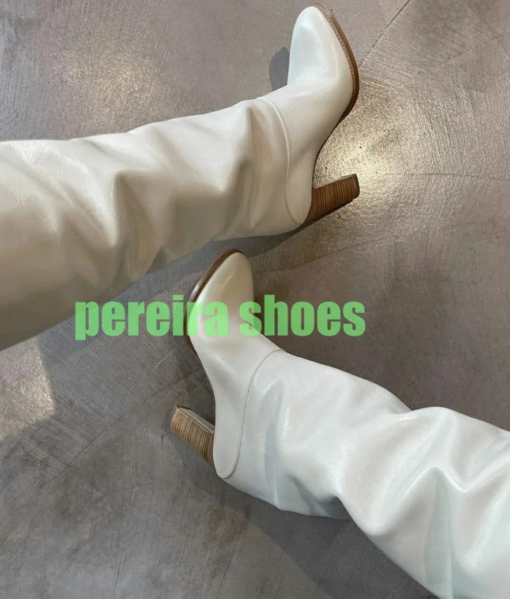 

Lady Vintage White Chunky Heel Knee Boots Pointed Toe Runway New Arrive Cowboy Casual Footwear Boots Office Lady Dress Knee Boot