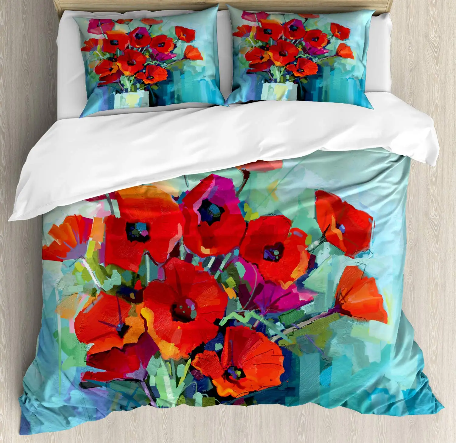 

Flower Duvet Cover Set, Little Red Spring Summer Time Garden Florals Poppy Decorative 3 Piece Bedding Set with 2 Pillow Shams