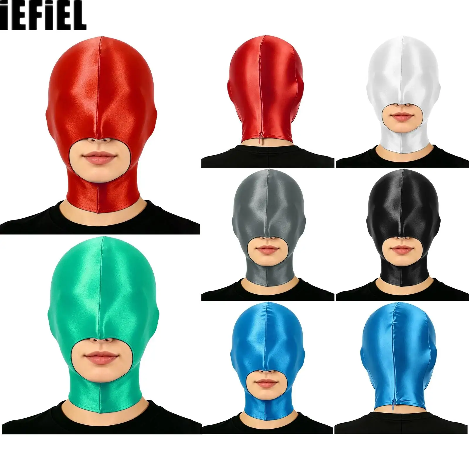 Open Mouth Balaclava Mask Full-head Full-neck Cover Back Zipper Blindfold Hood Glossy Headgear for Halloween