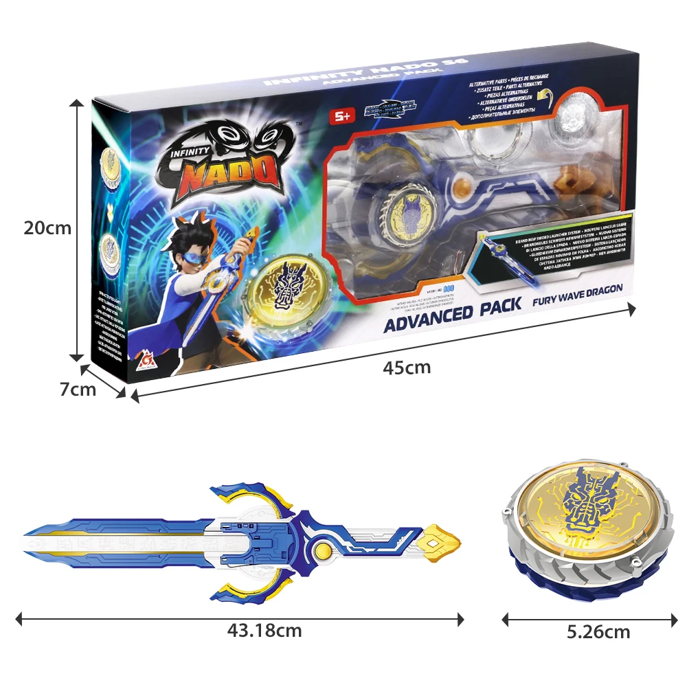 Infinity Nado 6 Advanced Pack-Fury Wave Dragon Metal Ring & Tip Spinning Top Gyro with Monster Icon Sword Launcher Anime Kid Toy