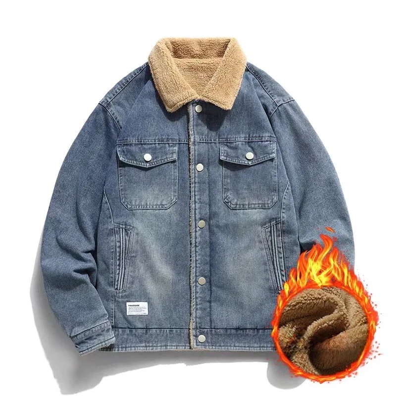 

Retro American Sle Men's Denim Jaet Autumn Winter Thiened Fce Warm Long Sve Zipper Coat Youth Faion Outerwear