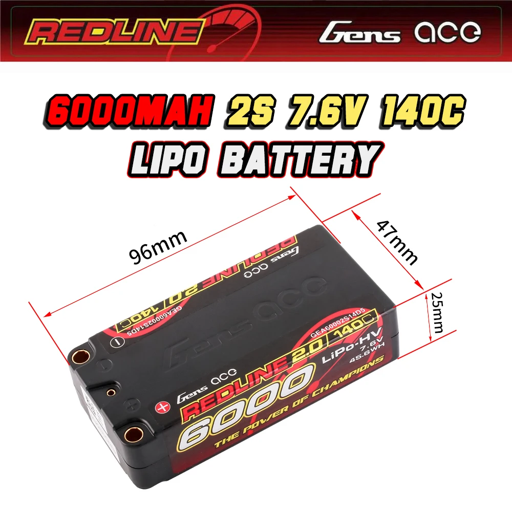 

Gens ACE REDLINE 2.0 7.6V 6000mAh 140C 2S2P Competition Series High Voltage LiPo Battery for 1/10 RC Drift Racing On-Road Car