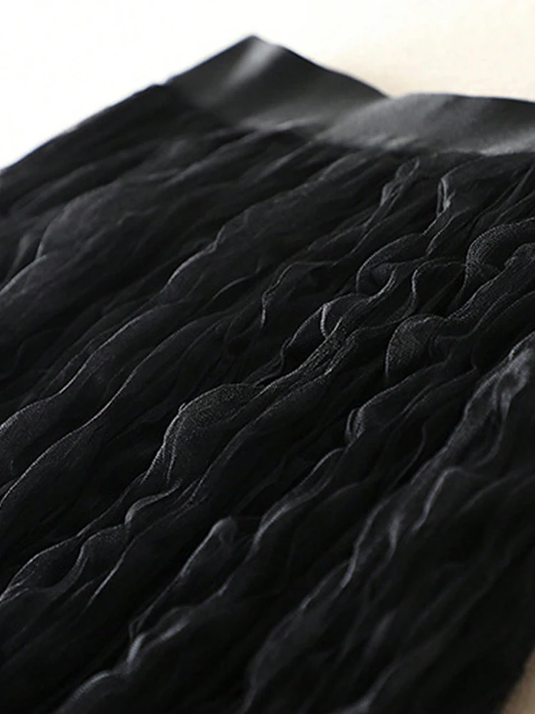 スタイリッシュな A ラインプリーツスカート女性のための高弾性ウエストソリッドブラック夏薄いロングスカート女性服女性のスカート