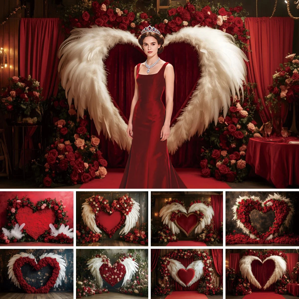 

Valentine's Day Photography Background Retro Palace Red Curtain Wall Love Heart Roses February 14th Wedding Party Photo Backdrop