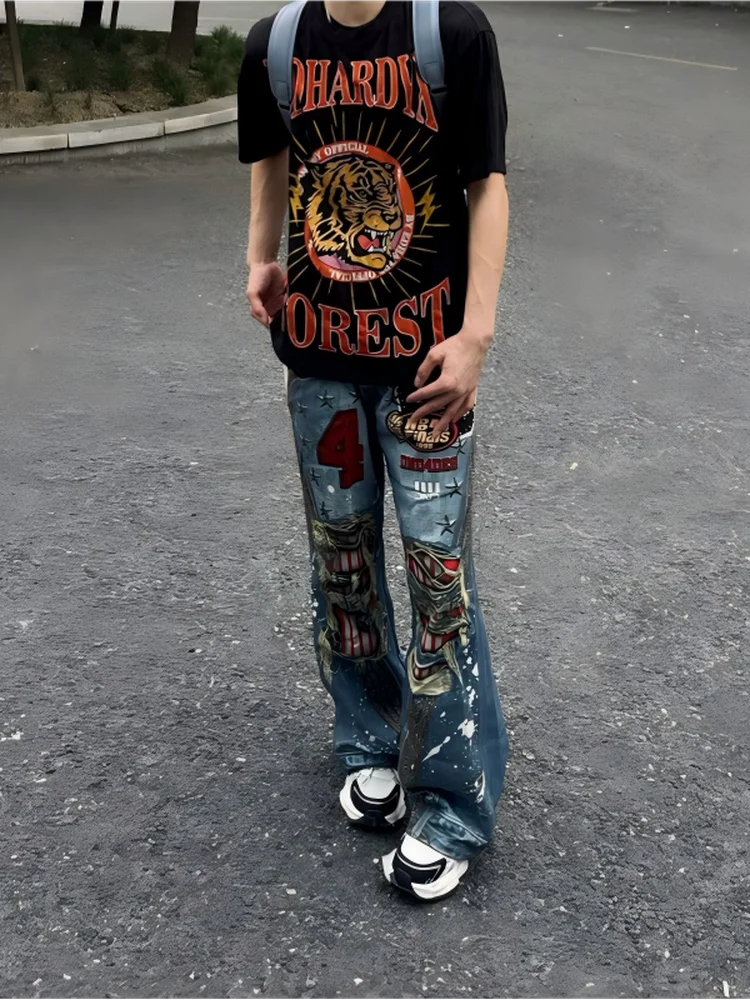 American High Street 3D Digital Print Men's Jeans Street Style Casual Loose Fit Bootcut Long Trousers with Rivets Trendy Brand