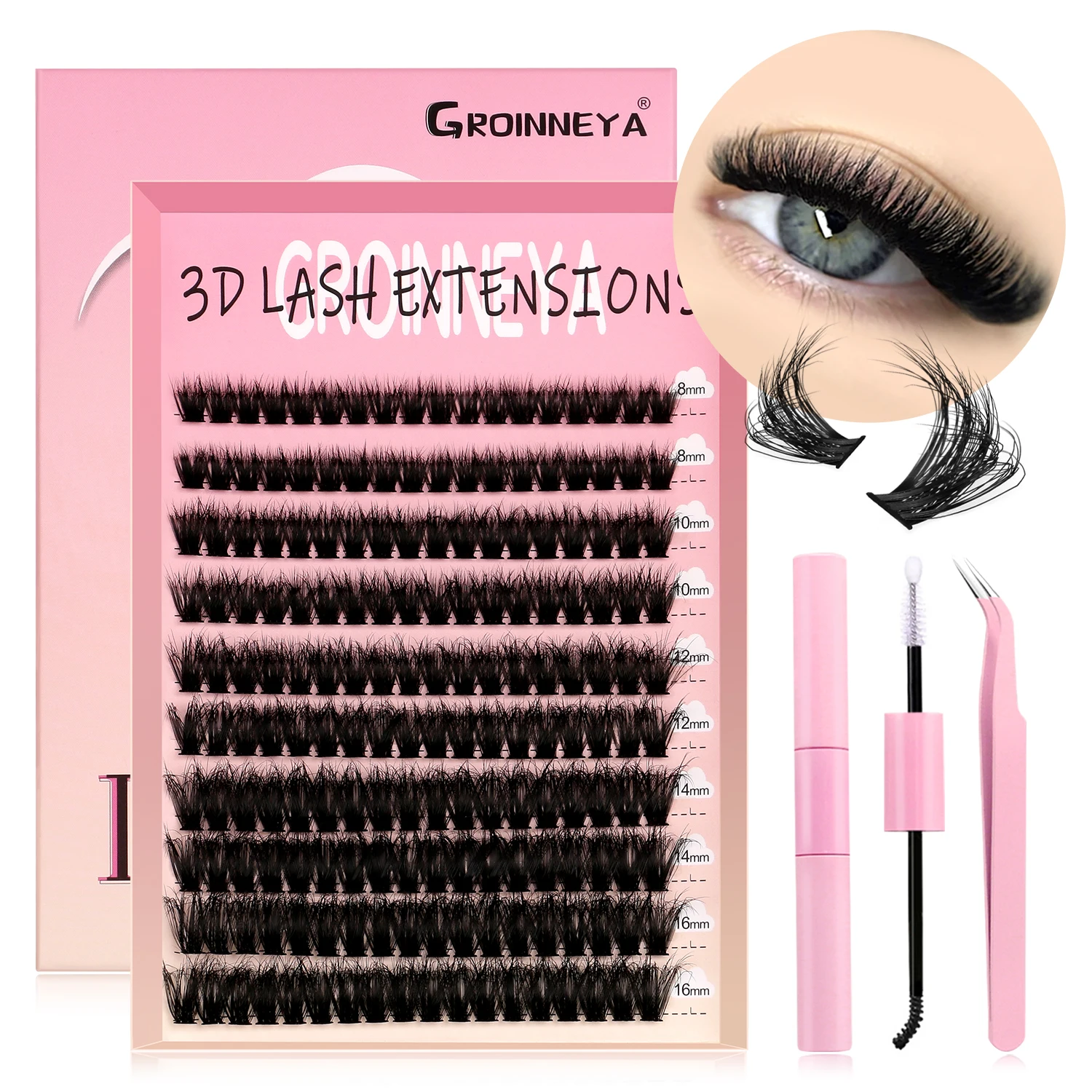 GROINNEYA Lash Clusters Set Individual Eyelashes Cilias Mixed Tray DIY Lashes Extension with Lash Bond and Seal Makeup Set