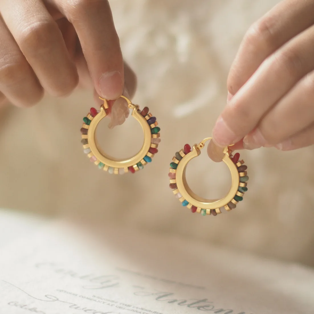 Niche Greek Hoop Studs - Beaded Multicolor Dopamine Vintage Euro-American Style