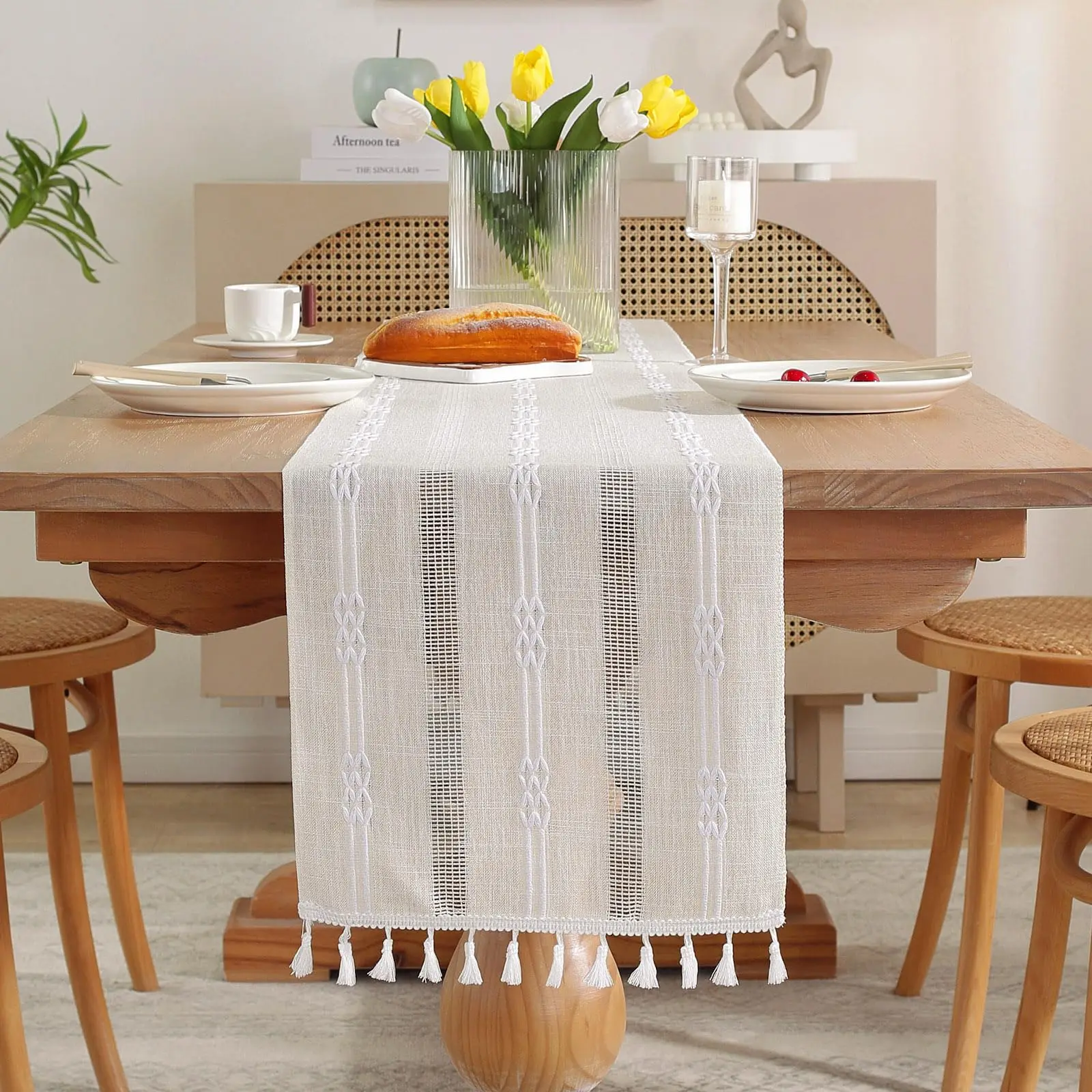 

Boho Cream Tassel Table Runner, Hollow Farmhouse Style Kitchen Table Decoration Holiday Wedding Party Dinning Birthday Decor