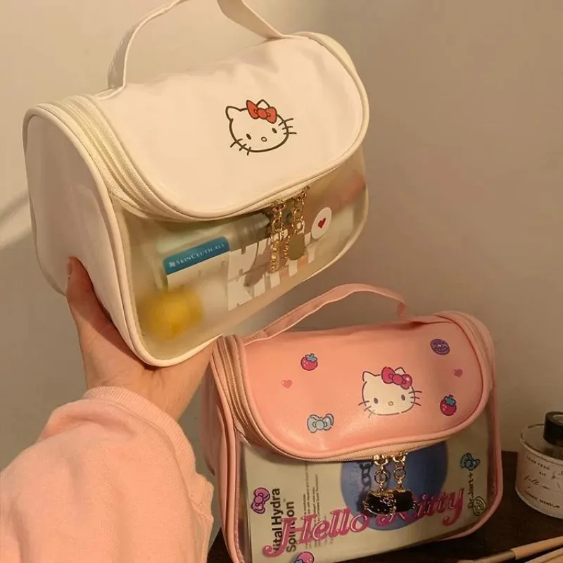 New Cute Hello Kitty PVC Makeup Bag Women Portable Large Capacity Kawaii Cosmetic Light Bag Fashion Luxury Waterproof Handbag