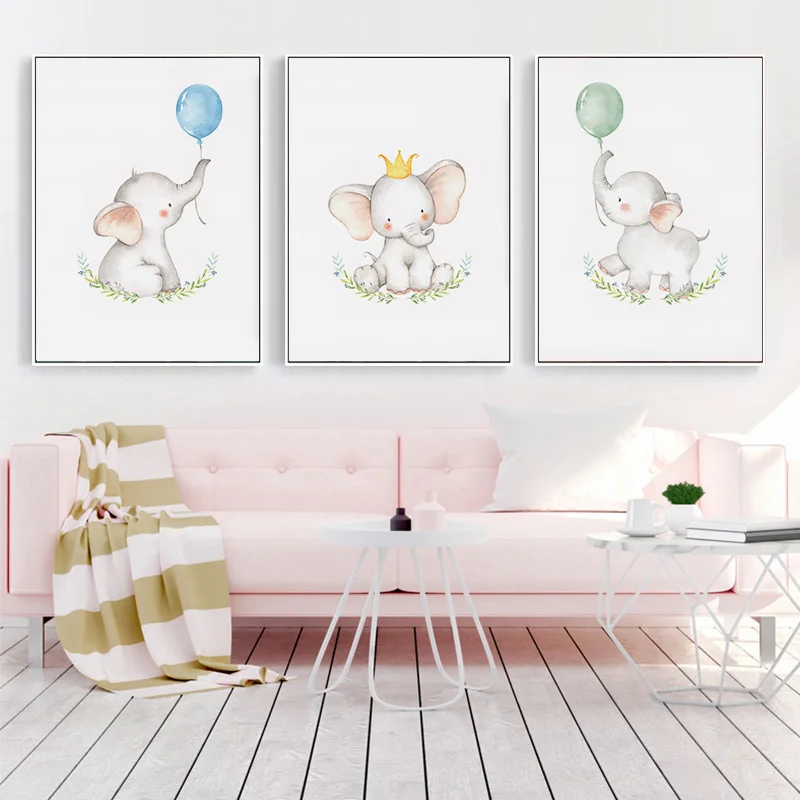 

3Pcs/Set Cartoon Flowers Balloons Elephants Daycare Canvas Picture Wall Decorations Scandinavian Children's Room Daycare Home Decor