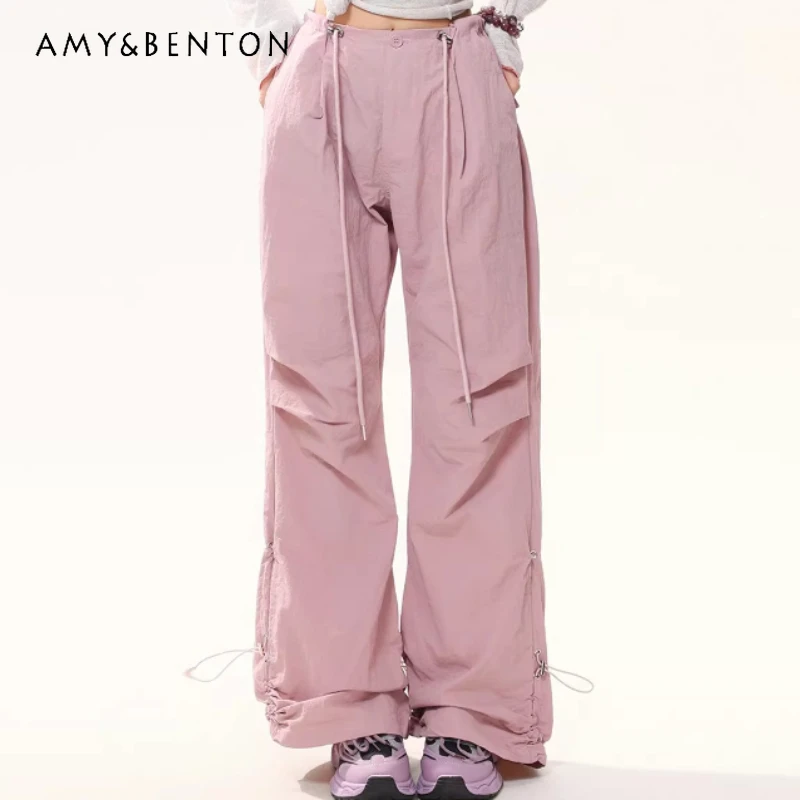 

American Retro Pink Women's Casual Pants 2026 Spring Drawstring High Waist Quick-Dry Straight-Leg Floor-Length Trousers Ladies