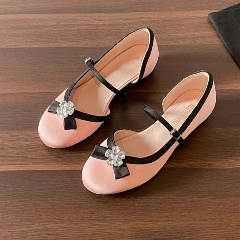 Rhinestone Bow Details Mary Jane Shoes Women Height-increasing Fashion Dress Shoes Ladies Buckle Comfortable Sweet Women's Shoes