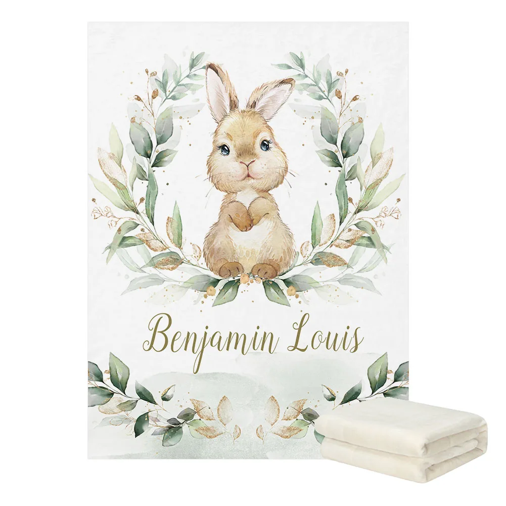 LVYZIHO Personalized Cute Bunny Rabbit Greenery Gold Baby Blanket - 30x40 / 48x60 / 60x80 Inches - Fleece Blanket