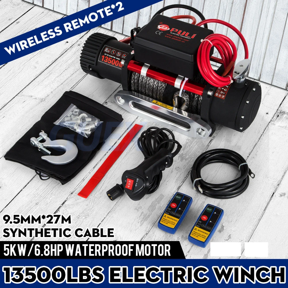 12v 6T Electric Winch ATV Recovery Winch 13500LBS Synthetic Rope with Remote Control for ATV Hoist Crane