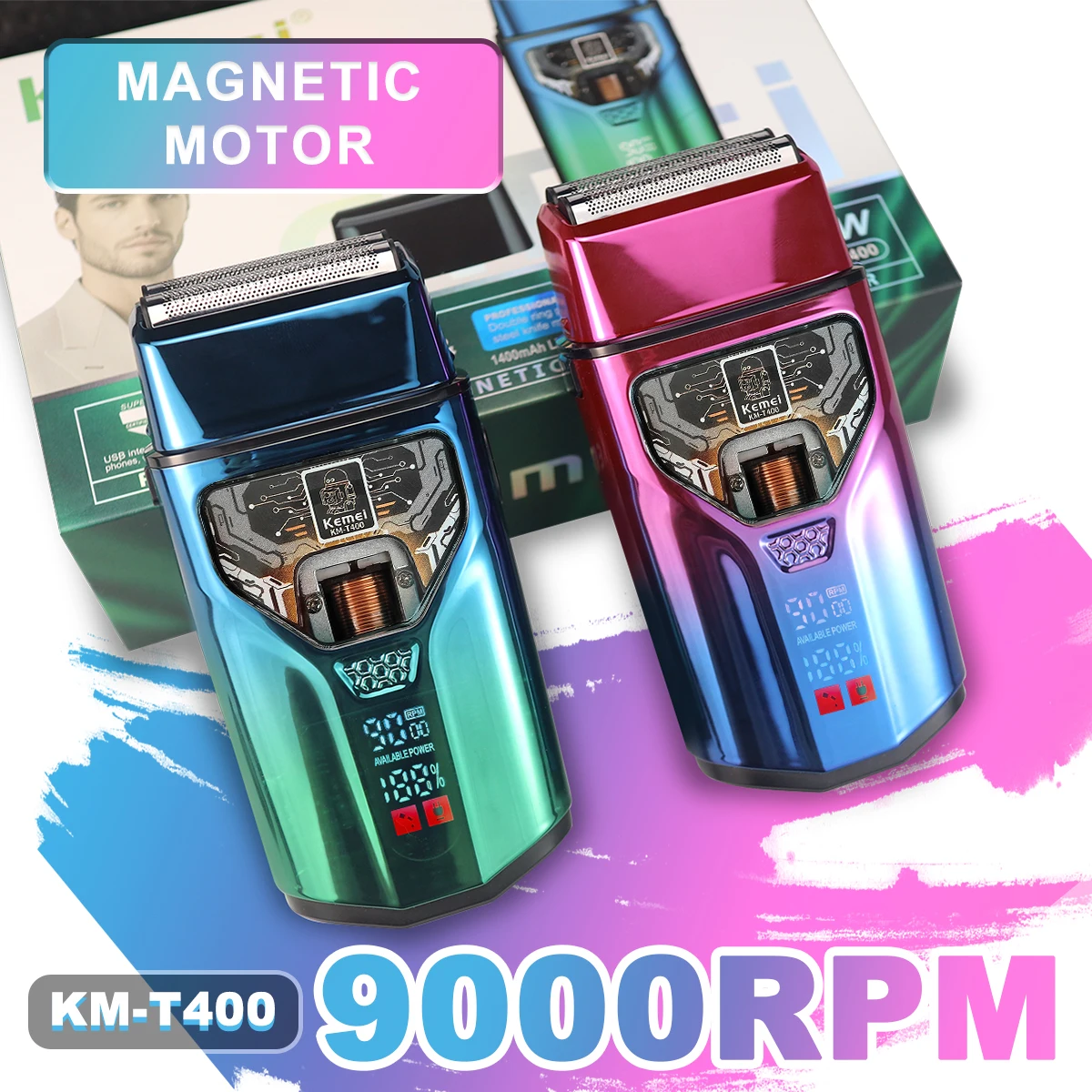 

KEMEI KM-T400 Бритвенный станок для мужчин, двойная фольга, 9000 об/мин, 5 Вт, магнитный двигатель, ЖК-дисплей, профессиональный триммер для бороды, электробритва