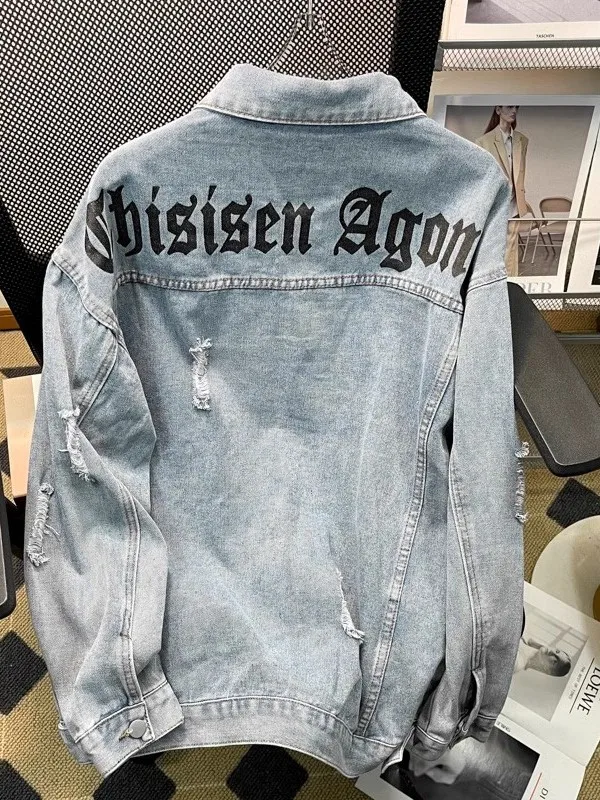 

Casual American Loose Sle Men's Jaet Denim Material Letter Print High Street Faion Spring Autumn Trendy Brand Outerwear