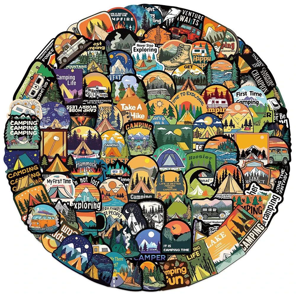 10/30/50/100 Uds. Pegatinas Retro de aventura al aire libre para acampar paisaje de viaje calcomanías de dibujos animados álbum de recortes guitarra pegatina para teléfono decoración