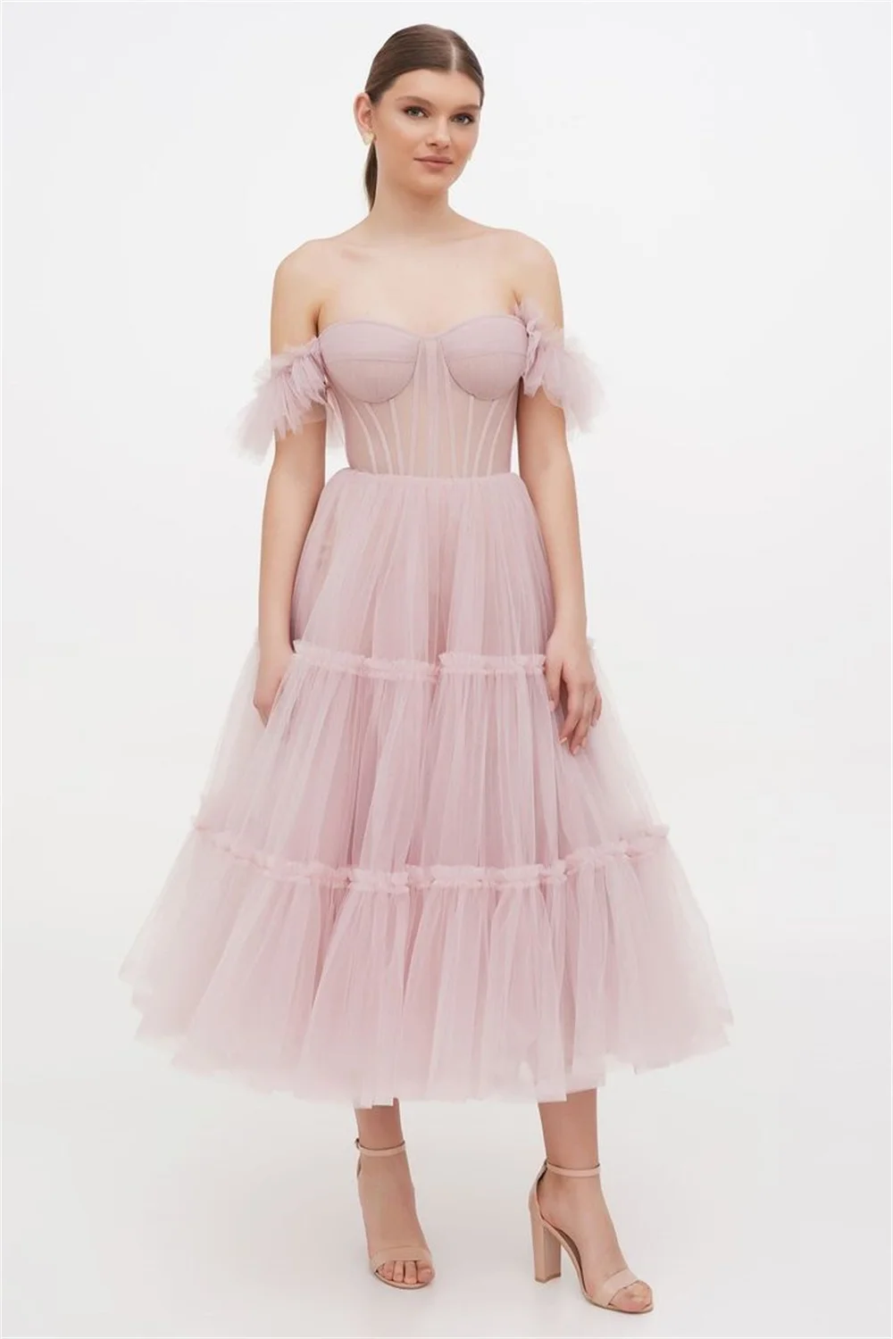 Amanda Sexy Off Shoulder Knee Lenght Prom Dress 2023 Light Pink Tulle فساتين مناسبة رسمية  Sweet Short Sleeve Vestidos De Noche