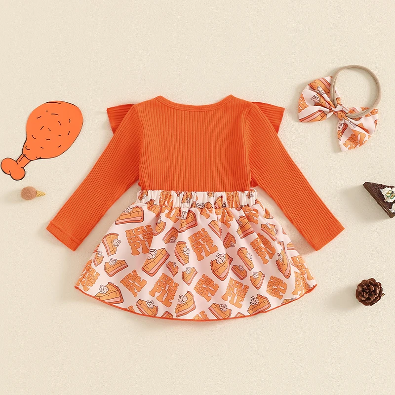 Baby Girls Rompers Dress Thanksgiving Clothes Ribbed Ruffles Turkey/Pumpkin Pie Print Skirt Hem Jumpsuits with Headband